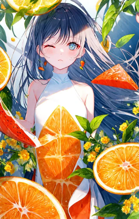 1girl, bangs, bare_arms, bare_shoulders, blue_eyes, blurry, blurry_background, blurry_foreground, blush, bow, breasts, carrot, closed_mouth, day, depth_of_field, dress, eyebrows_visible_through_hair, floating_hair, flower, food, fruit, grapes, hair_between_eyes, hair_ribbon, holding_plate, leaf, lemon, lemon_slice, long_hair, looking_at_viewer, mandarin_orange, medium_breasts, motion_blur, omelet, omurice, one_eye_closed, orange_\(fruit\), orange_flower, orange_slice, plant, plate, potted_plant, ribbon, sidelocks, silver_hair, sleeveless, sleeveless_dress, solo, table, tomato, vegetable, very_long_hair, white_dress, yellow_flower <lora:style_MiwanoRag:1>