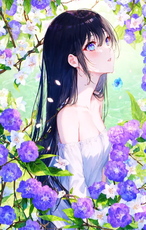 1girl, animal, bangs, bare_shoulders, black_hair, blue_eyes, blue_flower, branch, breasts, cherry_blossoms, cleavage, collarbone, daisy, downblouse, eyebrows_visible_through_hair, eyelashes, floral_background, flower, hair_between_eyes, hair_flower, hair_ornament, hanami, holding_flower, hydrangea, lily_\(flower\), long_hair, looking_up, lotus, medium_breasts, off_shoulder, parted_lips, partially_submerged, petals, petals_on_liquid, pink_flower, plum_blossoms, profile, purple_flower, solo, spring_\(season\), upper_body, water, wet, white_flower, wisteria <lora:style_MiwanoRag:1>