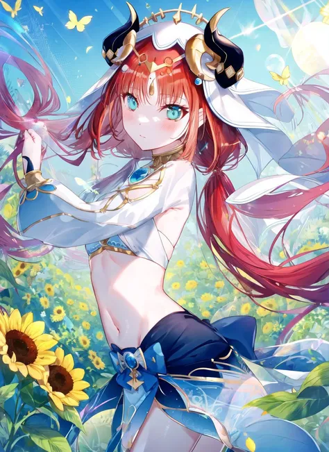 1girl,
beautiful, elegant,
<lora:nilouGenshinImpact_v10:1.1:MIDD> nilou (neither flower nor mist) (genshin impact), aqua eyes, fake horns, red hair, long hair, crop top, jewelry, horns, veil, bracer, brooch, long sleeves, puffy long sleeves, skirt, bangs, twintails, puffy sleeves, neck ring, gold trim, parted bangs, circlet, blue skirt, hair ornament, detached sleeves, low twintails, floating hair, gem, blue gemstone, dancer, white headwear, midriff, very long hair,
around the garden, flowers, butterflies, sunlight, sunflowers, lilies, roses, nature, petals, lens flare,
<lora:style_MiwanoRag:1>