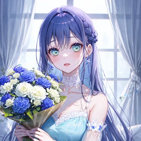 (masterpiece:1.3), (the best quality:1.2), (super fine illustrations:1.2), high quality, high detail,(solo:1.4),
full shot,
1girl, solo, flower, holding, holding flower, dress, bangs, looking at viewer, long hair, blue hair, see-through sleeves, see-through, braid, closed mouth, upper body, purple flower, bouquet, long sleeves, choker, collarbone, holding bouquet, blue dress, bare shoulders, white flower, head tilt, blush, white dress, detached sleeves, blue flower, aqua eyes, green eyes,