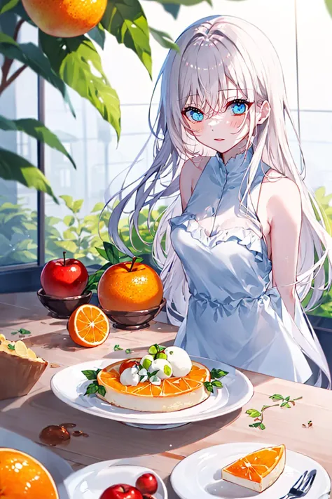 blurry, blurry_foreground, depth_of_field, food, fruit, 1girl, mandarin_orange, orange_\(fruit\), leaf, blurry_background, long_hair, plant, lemon, solo, carrot, dress, white_dress, bare_shoulders, breasts, grapes, one_eye_closed, blue_eyes, sleeveless, looking_at_viewer, blush, sleeveless_dress, bangs, medium_breasts, table, plate, tomato, bare_arms, orange_slice, potted_plant, eyebrows_visible_through_hair, motion_blur, lemon_slice, omelet, closed_mouth, vegetable, hair_between_eyes, very_long_hair, blueberry, bow, white_hair, apple, sidelocks, yellow_flower, ribbon <lora:style_MiwanoRag:1>