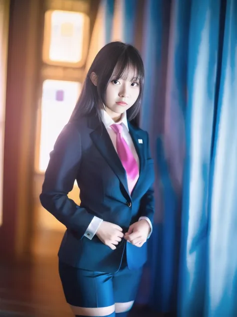 quality, ultra high res, (photorealistic:1.4), 1girl, solo focus, black thighhighs,long dark hair, ((puffy eyes)), looking at viewer, facing front, scornful expression,black formal suit,nightclub background,conservative wearing,suit button up,necktie