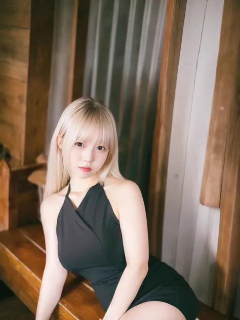 best quality, ultra high res, (photorealistic:1.4), 1girl, sleeveless black dress, studio, bare shoulders, cute, (platinum blonde hair:1), ((puffy eyes)), looking at viewer, facing front,black thighhighs,(upper body),