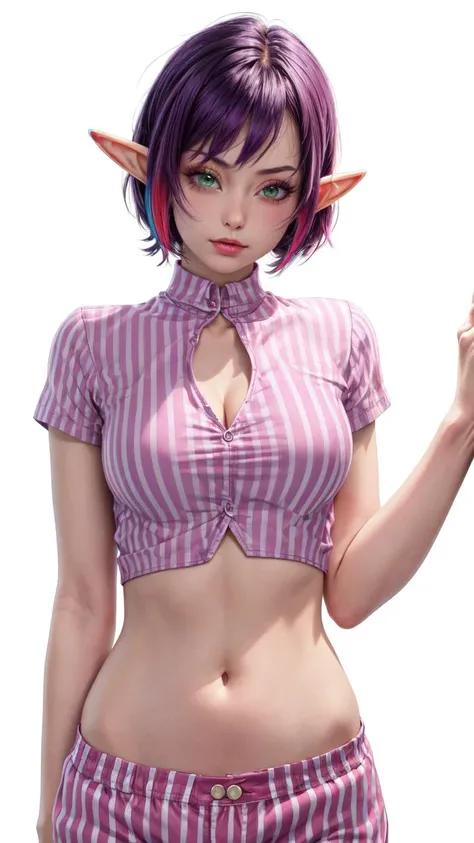 (1girl, solo, masterpiece, 4k, best quality:1.2, (cowboy shot), best quality:1.2, NICE HANDS, COLORFUL, (perfect hands, perfect anatomy)),
bombchu lady, (((striped shirt))), (((pink pants))), smug expression, pint ears, elf,
((medium breasts, (big hips), looking at the viewer, cleavage)), (( very short hair, purple hair)),
((simple background, white background)), <lora:GoodHands-vanilla:1>