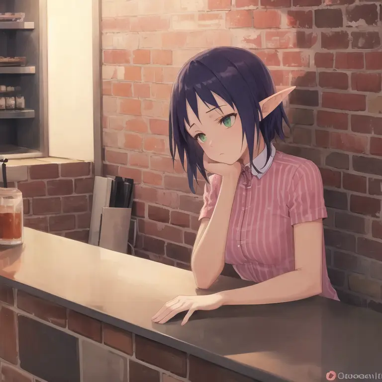 masterpiece, warm colors, best quality, bombchu lady, striped shirt, brick wall, counter, resting head on counter, neon sign on wall, bored