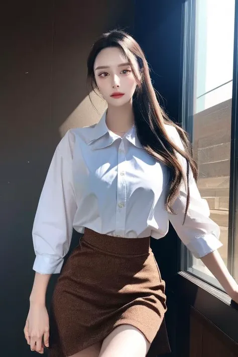 highly insanely detailed, masterpiece, top quality, best quality, highres, 4k, 8k, RAW photo, (very aesthetic, beautiful and aesthetic), 1girl, skirt, solo, shirt, brown hair, cowboy_shot, <lora:Yuipan:1>