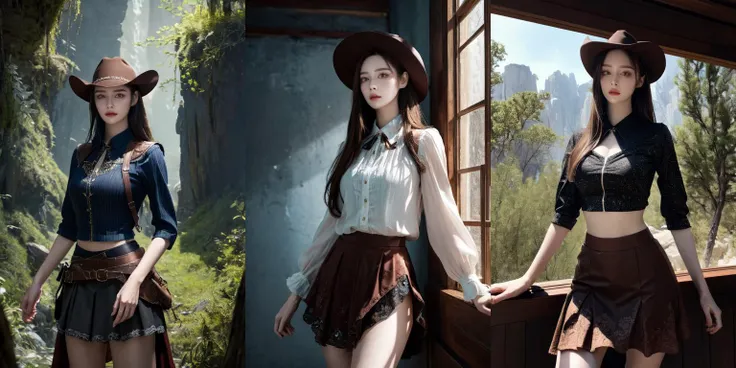 (otherworldly), highly insanely detailed, masterpiece, top quality, best quality, highres, 4k, 8k, RAW photo, (very aesthetic, beautiful and aesthetic), 1girl, skirt, solo, shirt, brown hair, cowboy_shot, <lora:Yuipan:0.8>, (fantasy world)