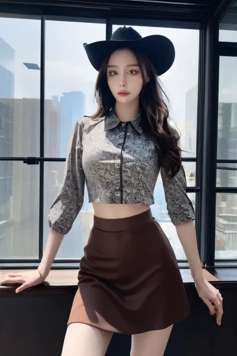 highly insanely detailed, masterpiece, top quality, best quality, highres, 4k, 8k, RAW photo, (very aesthetic, beautiful and aesthetic), 1girl, skirt, solo, shirt, brown hair, cowboy_shot, <lora:Yuipan:1>