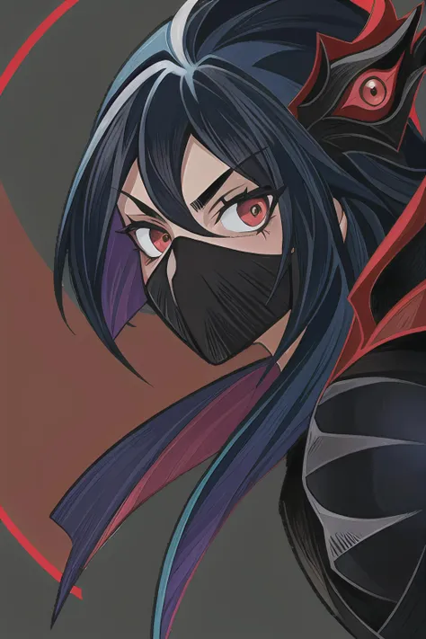 {{{masterpiece}}}, up close, portrait, ninja, nighttime, black hair, red eyes, mask, (dark background:1.5), <lora:AFK-Arena_v1.0:0.75>