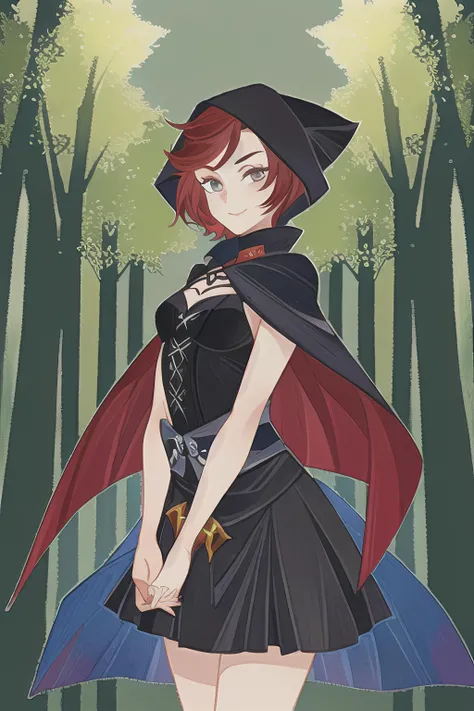 {{{masterpiece}}}, 1girl, RWBY, Ruby Rose, silver eyes, reddish brown hair, short messy hair, gothic, black and skirt, black hood, light smile, small breasts, (forest background:1.5), dimensionals
 <lora:AFK-Arena_v1.0:0.75>