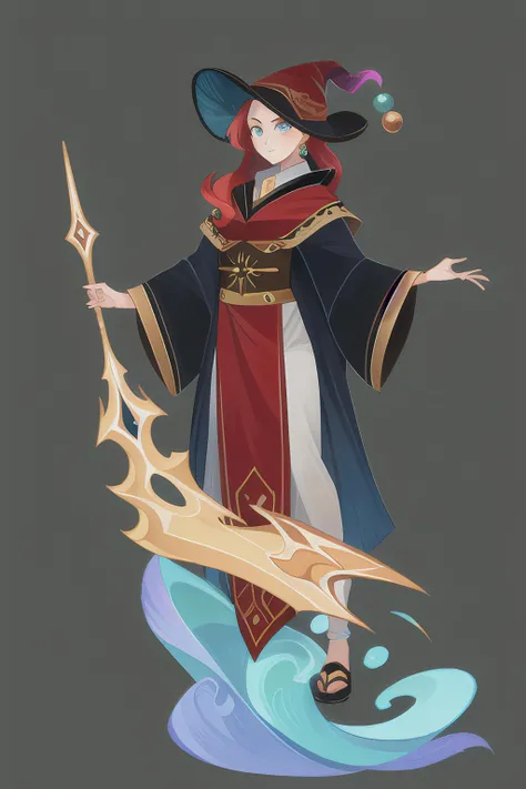 {{{masterpiece}}}, 1girl, full body portrait, wizard, long red hair, green eyes, wizard hat, plain brown robes, (black background:1.5), <lora:AFK-Arena_v1.0:0.75>