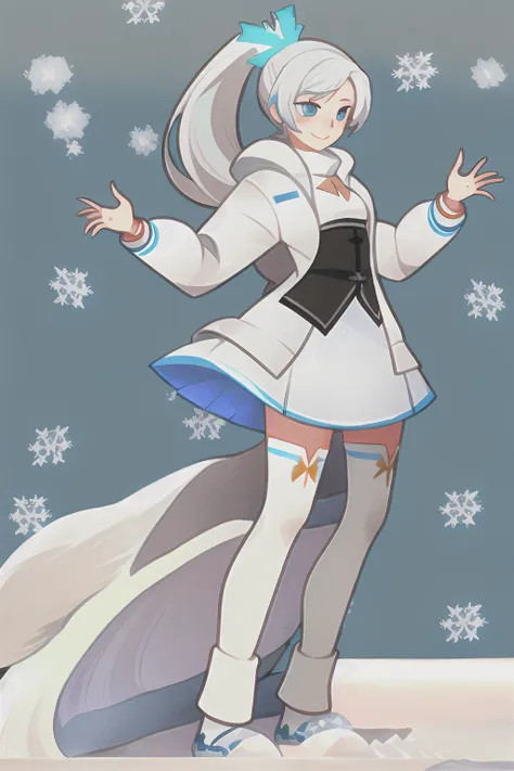 {{{masterpiece}}}, 1girl, Weiss Schnee, blue eyes, white hair, long side ponytail, white skirt, white jacket with blue accents, light smile, small breasts, ice theme, (snowy background:1.5), dimensionals
<lora:AFK-Arena_v1.0:0.75>