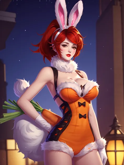 (best quality, masterpiece), depth of field, blurry background, cowboy_shot, thick thighs, standing, solo, 1girl, long orange hair, (ahoge:0.9), glasses, blunt bangs, purple eyes, (full-face blush), ((playboy bunny, pantyhose, bunny ears, highleg, highleg leotard, black leotard, leotard)), bar, night club, night,