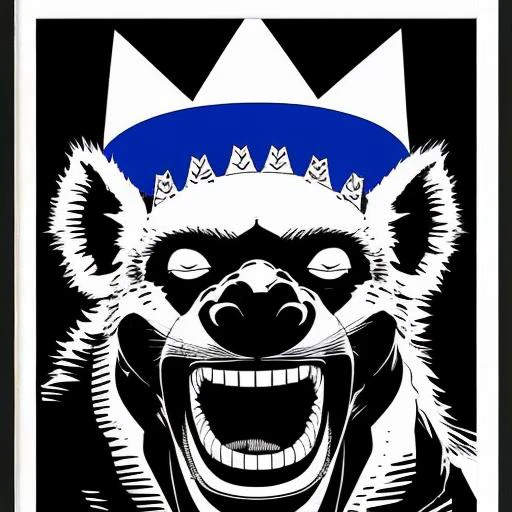 full-face portrait of laughing hyena wearing a large crown, blue and black color scheme, sinCity_iamYork