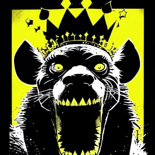 laughing hyena wearing a large crown, gold and black color scheme, sinCity_iamYork