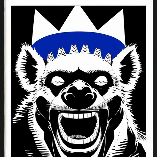 full-face portrait of laughing hyena wearing a large crown, blue and black color scheme, sinCity_iamYork