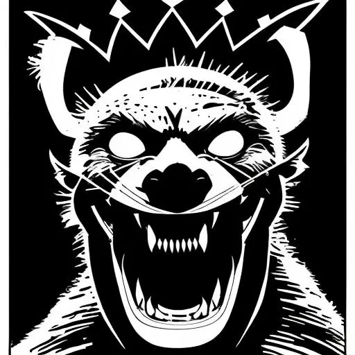 full-face portrait of laughing hyena wearing a large crown, blue and black color scheme, sinCity_iamYork