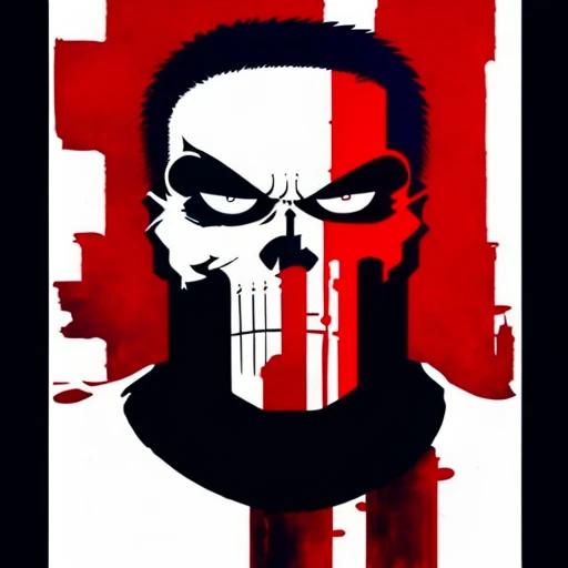 Full-face Portrait of Punisher, red and blue color scheme, sinCity_iamYork