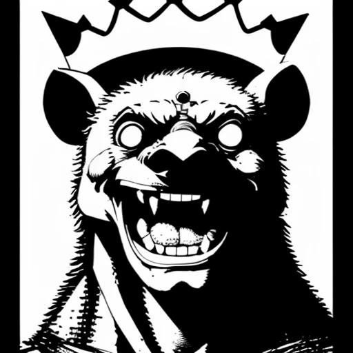 full-face portrait of laughing hyena wearing a large crown, sinCity_iamYork