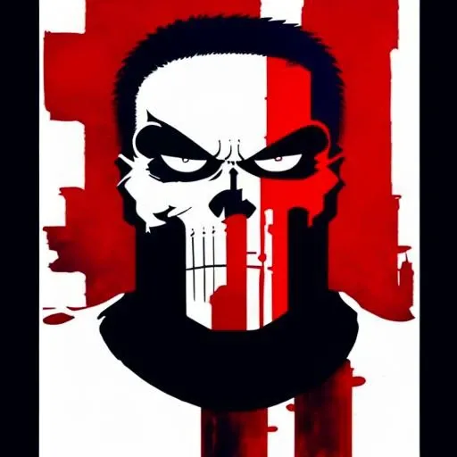 Full-face Portrait of Punisher, red and blue color scheme, sinCity_iamYork