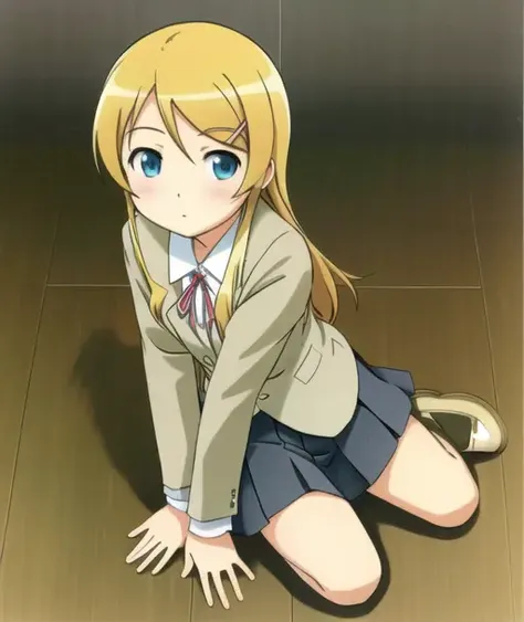 <lora:kirino:0.5>,kirino kousaka,(blonde hair),very detailed ,highres,(masterpiece_1.0),(best quality_1.0),(seiza),(body in frame),((on knees)),((kneeling)),thigh highs,1girl, full body,pleated_skirt,short black skirt,perspective from above,looking at viewer