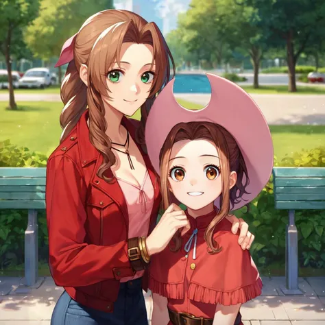 score_9, score_8_up, score_7_up, score_6_up, score_5_up, score_4_up, (anime, game_cg:1.2), BREAK, <lora:MimiSora:1>,2 girls, 1girl, mimi, long hair, sidelocks, ponytail, brown eyes, red dress, capelet, brown gloves, belt, skirt, cowboy hat, outdoors, park, hand around shoulder, looking at viewer, smiling