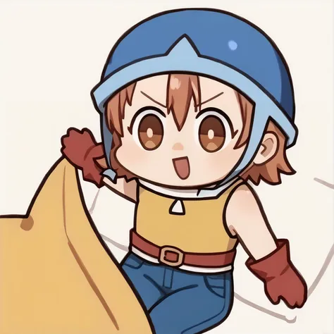 Seggs, chibi, open mouth, disgust <lora:Seggs_XLPD:1.1> 1girl, sora, short hair, brown eyes, helmet, blue headwear, yellow t-shirt, sleeveless, high collar, red gloves, jeans <lora:MimiSora:1>, score_9, score_8_up, score_7_up, score_6_up, score_5_up, score_4_up, BREAK source_anime, masterpiece