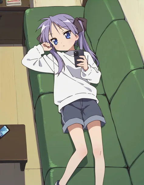 score_9, score_8_up, score_7_up <lora:kagami-000003:1> Kagami Hiiragi, 1girl, solo, twintails, hair ribbon, blue eyes, sweater, shorts,
1girl, couch, from above, lying, smartphone, ceiling fan