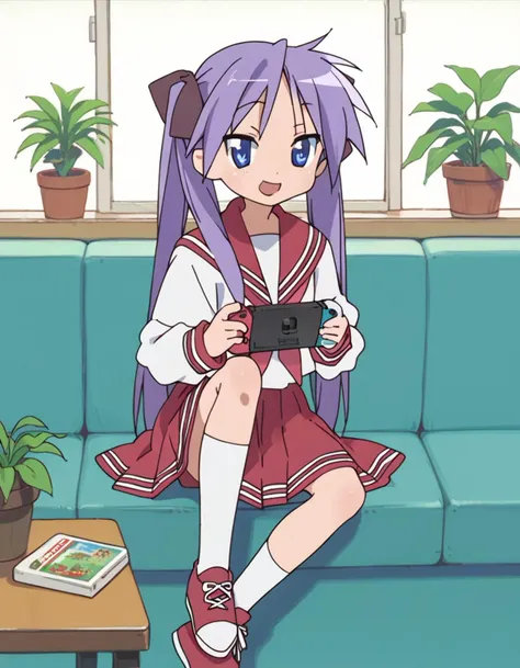 score_9,  score_8_up, score_7_up <lora:kagami-000003:1> Kagami Hiiragi, 1girl, solo, twintails, hair ribbon, blue eyes, serafuku, red skirt, red sailor collar, shoes, white tighhighs,
sitting, couch, nintendo switch, happy, plant