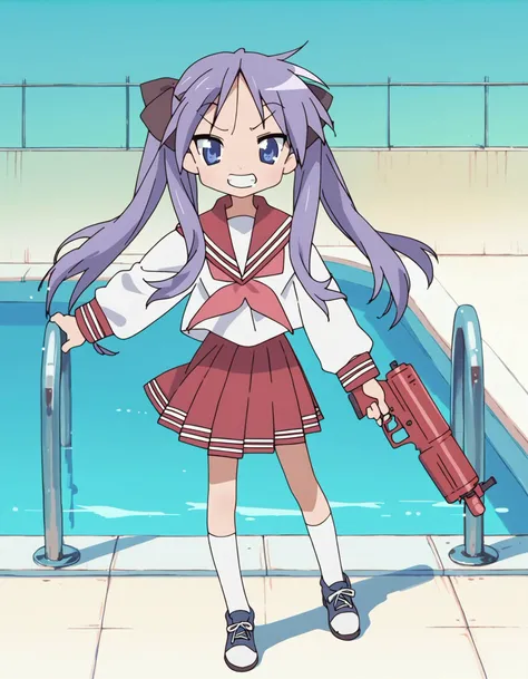 score_9,  score_8_up, score_7_up <lora:kagami-000003:1> Kagami Hiiragi, 1girl, solo, twintails, hair ribbon, blue eyes, serafuku, red skirt, red sailor collar, shoes, white tighhighs,
water gun, poolside, grin