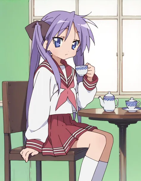 score_9,  score_8_up, score_7_up <lora:kagami-000003:1> Kagami Hiiragi, 1girl, solo, twintails, hair ribbon, blue eyes, serafuku, red skirt, red sailor collar, shoes, white tighhighs,
sitting, tea, table, indoors