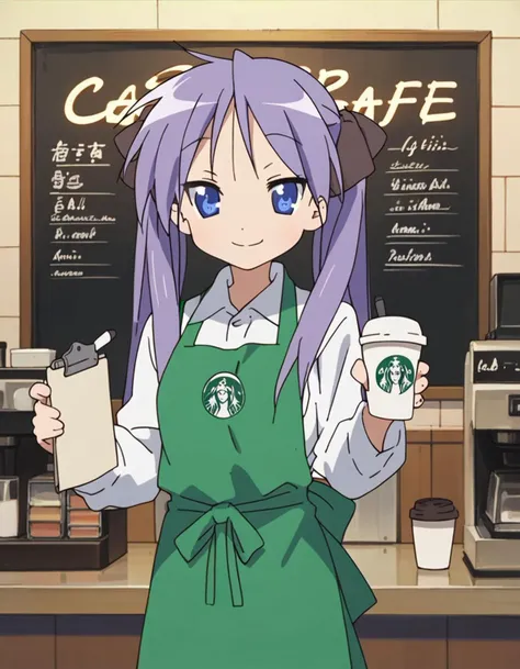 score_9,  score_8_up, score_7_up <lora:kagami-000003:1> Kagami Hiiragi, 1girl, solo, twintails, hair ribbon, blue eyes, barista,
1girl, cafe, coffee cup, cowboy shot, disposable cup, green apron, holding marker, indoors, looking at viewer, menu board, pen, smile, solo, standing