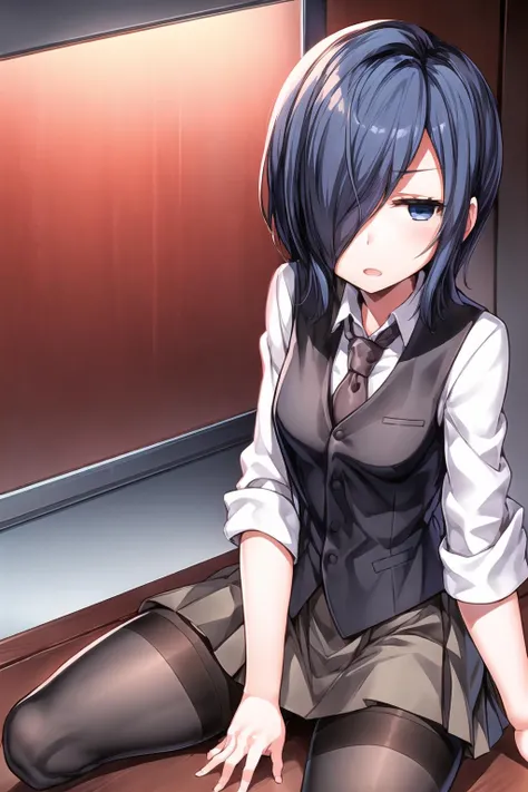 1girl, <lora:tokyoghoul_kirishima:1> kirishima touka, blue hair, hair over one eye, blue eyes, white shirt, necktie, sleeves rolled up, black vest, brown skirt, pantyhose <lora:jitome:0.8> jitome <lora:add_detail:1>