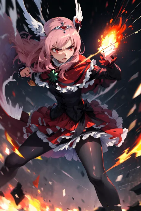 masterpiece,best quality,1girl,cure passion,layered skirt,red sleeves,tiara,capelet,pantyhose,brooch,black ribbon,clover ornament,red high heels,(serious,angry),fighting stance,action pose,attack,punching,motion lines,motion blur,blast wave,flames,cowboy shot,<lora:locon_cure_passion_5:0.9>,