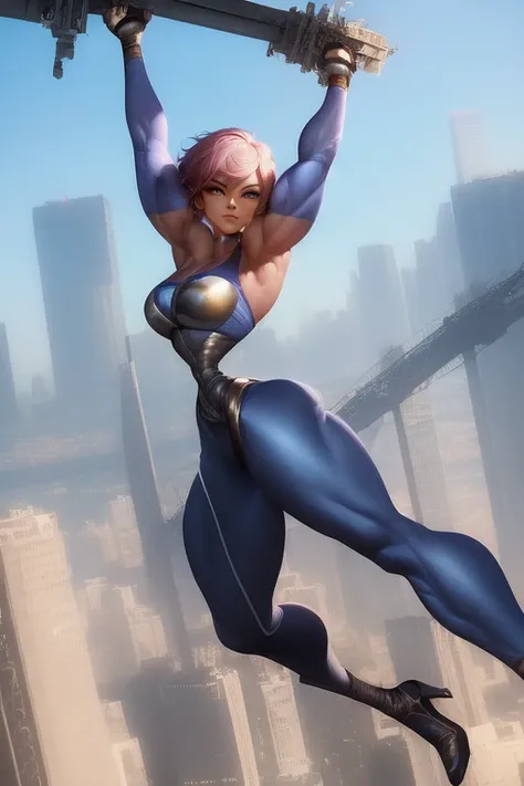 superhero girl, muscular, <lora:microwaist:1>, (holding a bent steel girder:1.7), city skyline, art by artgerm