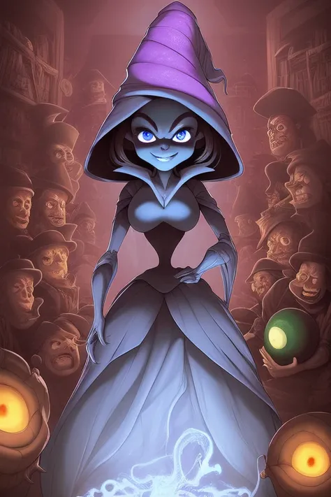 witch, hands on hips, sly smile, wand, in a dungeon lab full of cauldrons and potions <lora:microwaist:1.5>, broom, teacher at hogwarts, big witch hat, galaxy eyes, glowing eyes,