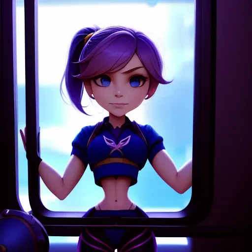 High detail color photograph of tristana from league of legends with a , star guardian outfit, on the subway, messy hair, soft natural lighting, 8k photograph, shot on gopro, instagram selfie, smooth skin, sexy pose, tummy focus, film grain, pixar, crop top, navel, t shirt, cool jacket, sailor suit, sneakers, (thick thighs), pretty face, blue eyes, ponytail, smooth tummy, art by wlop, art by final fantasy, art by kim possible, double peace sign, from behind <lora:microwaist:1.2> <hypernet:incaseA3_v18000Steps:1>