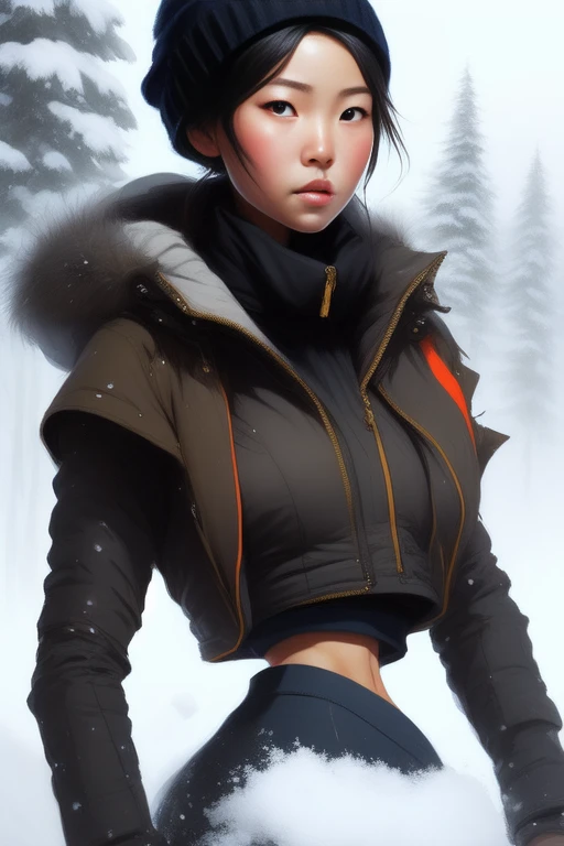 <lora:microwaist:1.3> masterpiece, best quality, anime asian girl, puffy winter jacket, ((crop top)), snowboarder, big ass, art by artgerm, art by greg rutkowski, rescue bag, toque