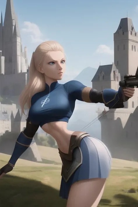 <lora:microwaist:1>, archer shooting a ((crossbow)), masterpiece, busy background, dynamic pose, 8k photograph, absurdres, best quality, cute anime girl, rpg character, castle in the background, (detailed eyes), big face, crop top, big round butt, high angle shot, elden ring style, ((armored skirt))