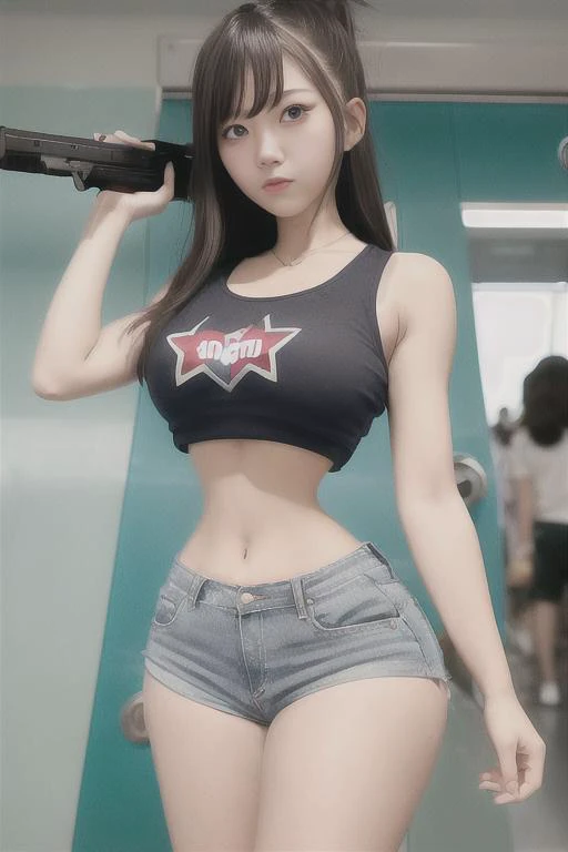 High detail color cartoon photograph of monkey d luffy from league of legends with a large gun, star guardian outfit, on the subway, messy hair, soft natural lighting, 8k photograph, shot on gopro, instagram selfie, smooth skin, sexy pose, tummy focus, film grain, pixar, crop top, navel, t shirt, cool jacket, sailor suit, sneakers, (thick thighs), gigantic ass, pretty face, blue eyes, ponytail, smooth tummy, art by wlop, art by final fantasy, art by kim possible, <lora:microwaist:1.3>, (hyperass:0.7)