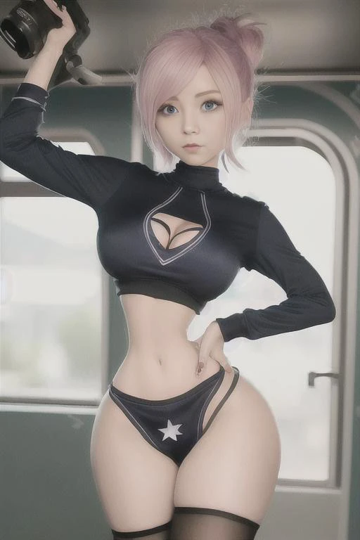 High detail color cartoon photograph of tristana from league of legends with a large gun, star guardian outfit, on the subway, messy hair, soft natural lighting, 8k photograph, shot on gopro, instagram selfie, smooth skin, sexy pose, tummy focus, film grain, pixar, crop top, navel, t shirt, cool jacket, sailor suit, sneakers, (thick thighs), gigantic ass, pretty face, blue eyes, ponytail, smooth tummy, art by wlop, art by final fantasy, art by kim possible, <lora:microwaist:1.3>, (hyperass:0.7)