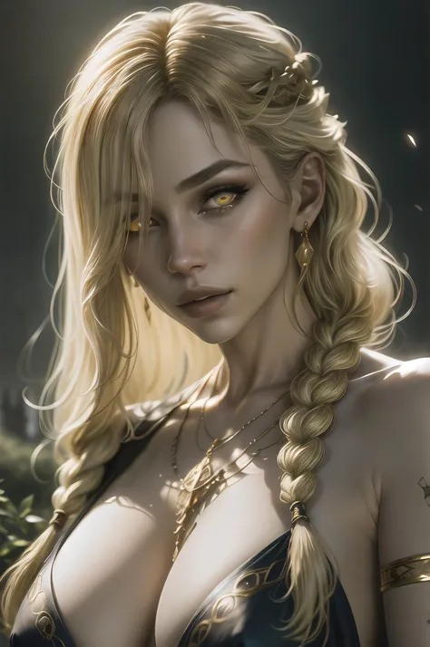 (masterpiece:1.2), (best quality:1.2), perfect eyes, perfect face, volumetric lighting, 1girl, mature female, close-up portrait, jewelry, hair over one eye, dress, bracelet, blonde hair, black dress, long single braid, large breasts, ring, circlet, necklace, armlet, looking at viewer, lips, yellow eyes, bare shoulders, parted lips, hair ornament,
outdoors, (night:1.3), scared, landscape, castle far away, gloomy fog in the forest at the background,
cinematic lighting, (volumetric lighting), extremely detailed CG unity 8k wallpaper, focused, 8k wallpaper, 4k wallpaper, extremely detailed, ultra realistic, photorealistic, sharp focus, absurdres, (HDR:1.2), (high contrast), photograph, detailed and intricate, instagram, portrait, highly detailed, digital painting, artstation, concept art, smooth, sharp focus, illustration, (epic realistic, hdr, luminous, intricate details, hyperdetailed, cinematic, rim light) <lora:queenMarikaEldenRing_hard:0.7>