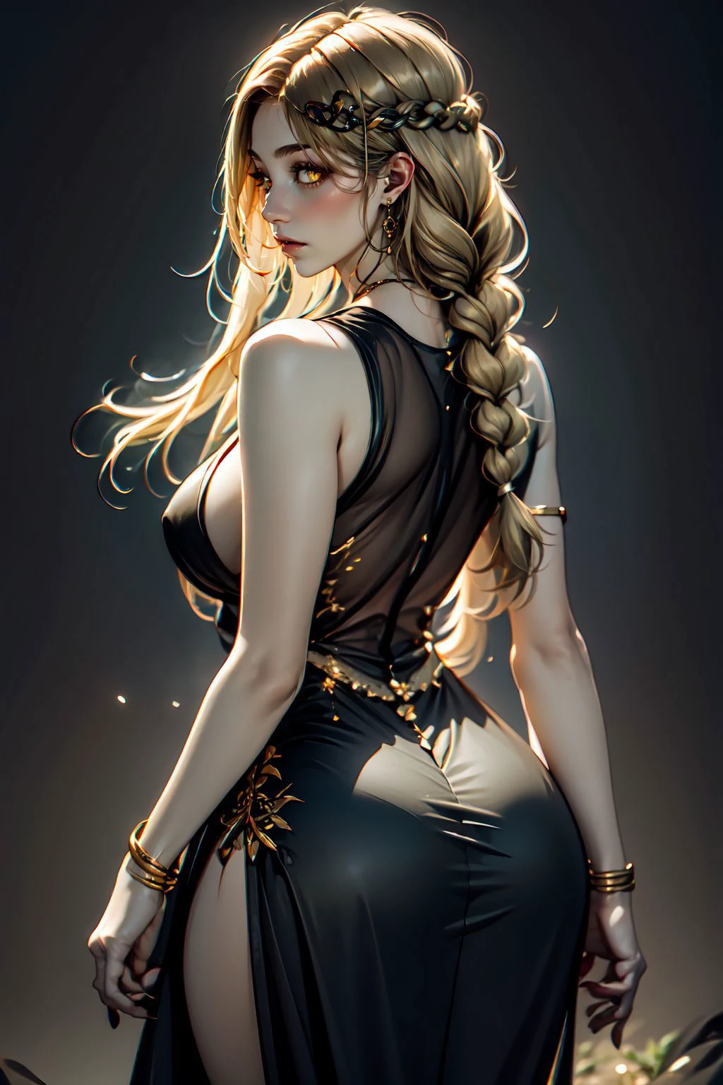 Best quality, sharp, masterpiece, 1girl, solo, dark theme, medium breasts, thick hips, thick thighs <lora:Queen Marika-v1.2.1-lc:1> Queen Marika, blonde hair, long hair, single braid, yellow eyes, black dress, pelvic curtain, circlet, necklace, jewelry, (background black and gold), background gold tree, view from behind, ass