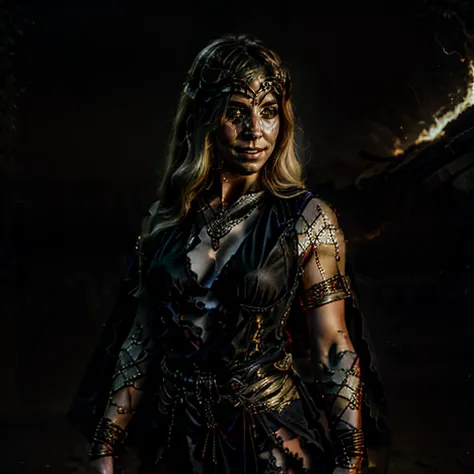 1girl, queen marika the eternal, elden ring, dress, <lora:torn:0.8>, torn clothes, cloth pieces, imperious facial expression, superiority, light smile, looking at viewer, flames, simple background, <lora:Queen Marika-v1.2.1-lc:1.1>, <lora:dark souls4:0.4>