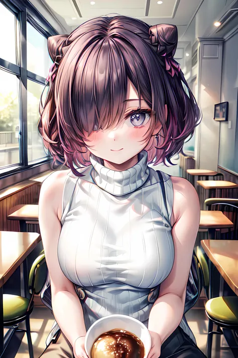 (((masterpiece))),highres,absurdres,(((best quality))),official art,<lora:add_detail>,perfect lighting,looking at viewer,pov across table,cafe,
1girl,hmsjervis,hair over one eye,cone hair bun,sweater,(turtleneck sweater:1.2),sleeveless turtleneck,blush,light smile,<lora:JervisAzurLane-09:0.7>,