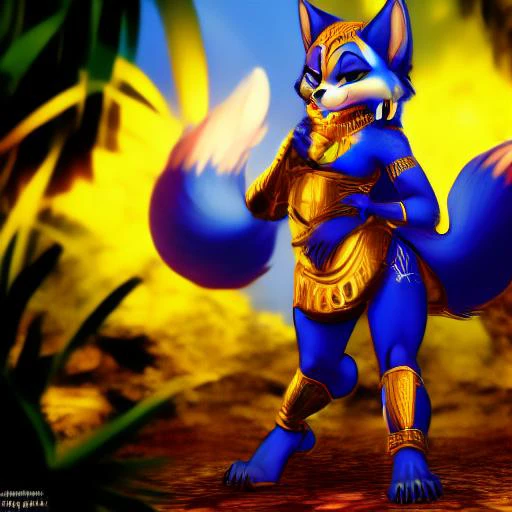 fluffy anthro furry woman, krystal, action pose, gold tribal wear, jungle background , detailed lighting<lora:ktest2-15:1>
