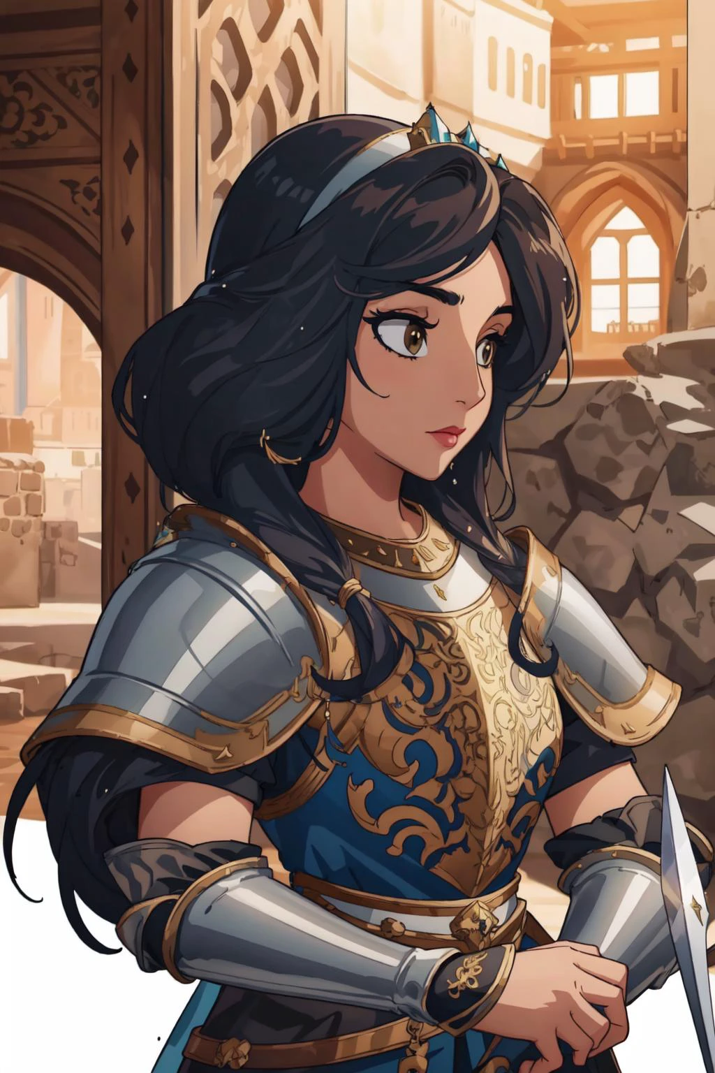 (masterpiece, best quality), intricate details, 8k, artstation, wallpaper, official art, splash art, sharp focus,
(1girl:1.2), <lora:jasmineV3:0.8> jasmine,
<lora:MedievalArmor_v1:0.8> medieval armor,