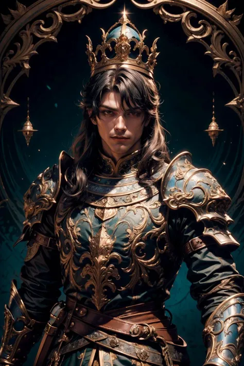 (tall athletic man:1.2), (shoulder-length black hair, smirking, handsome:1.1), anime aesthetic, forest green armor, holding sword, royal portrait, silver and blue crown, (without helmet:1.1), blue roses, masterpiece, best quality, highres, dazzling colors, shimmering, sparkling, chromatic aberration, <lora:add_detail:0.4> <lora:MedievalArmor_v02:0.7>