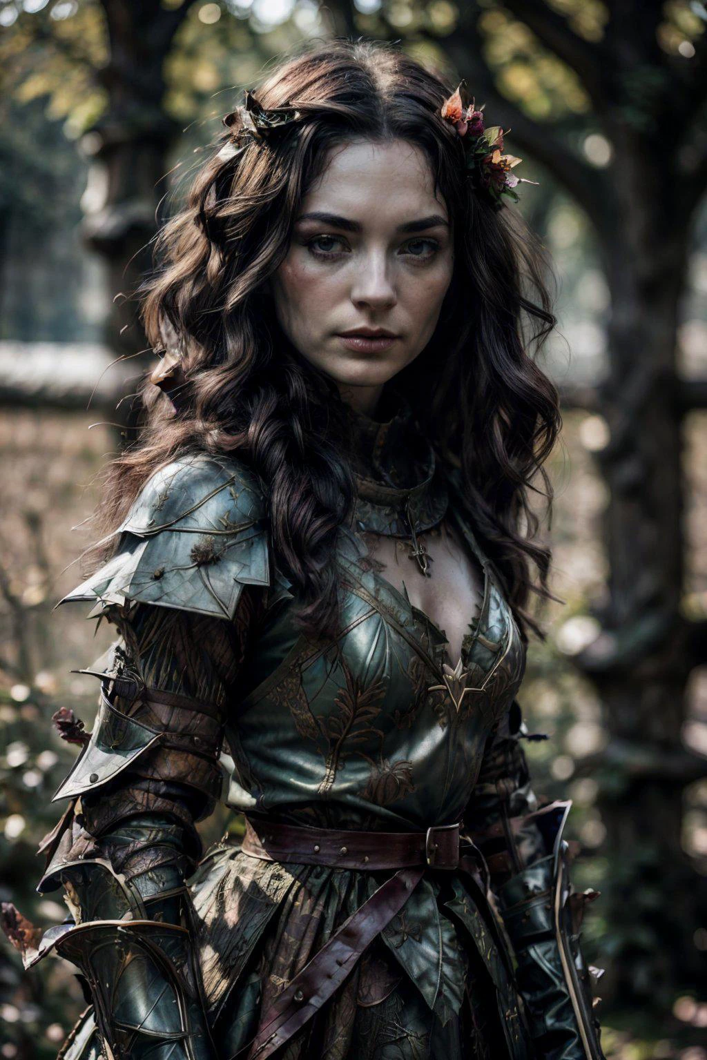 Fantasy, colorful , shallow depth of field, sharp focus on face, blurry body, Candid Angle, charcoal sketch, Looking into the sky, solo, close-up top body colorful RAW photo of (A1:0.9), a dryad knight woman wearing skin-tight medieval armor made of vines and leaf, bronze breastplate, tiny, Vintage-Inspired Makeup, dramatic pose, floating long messy hair, hair flower, summer forest, sunny weather , masterpiece, colorful details, high detailed, natural lighting, analog film, detailed skin, perfect composition, intricate details, subsurface scattering, amazing textures, filmic, dynamic pose, light rays on her face, sharp warm light, sharp deep shadows, film grain, viniette, realistic, (dark background:1.3), detailed, <lora:add_detail:0.75>,
<lora:dryad-1.0-cos:0.85> ,<lora:MedievalArmor_v02:0.7>