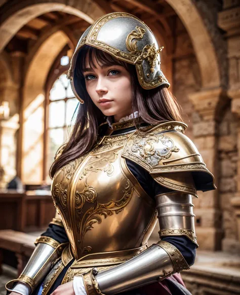 Masterpiece, best quality, 
baroque, realistic, 1girl, filigree medieval armor, <lora:MedievalArmor_v1:0.8>, upper body, looking at viewer  <lora:add_detail:0.6>